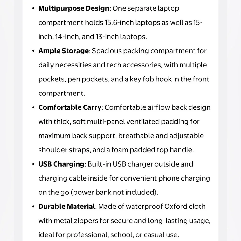 Stylish Blue Laptop Backpack with USB Charging Cable